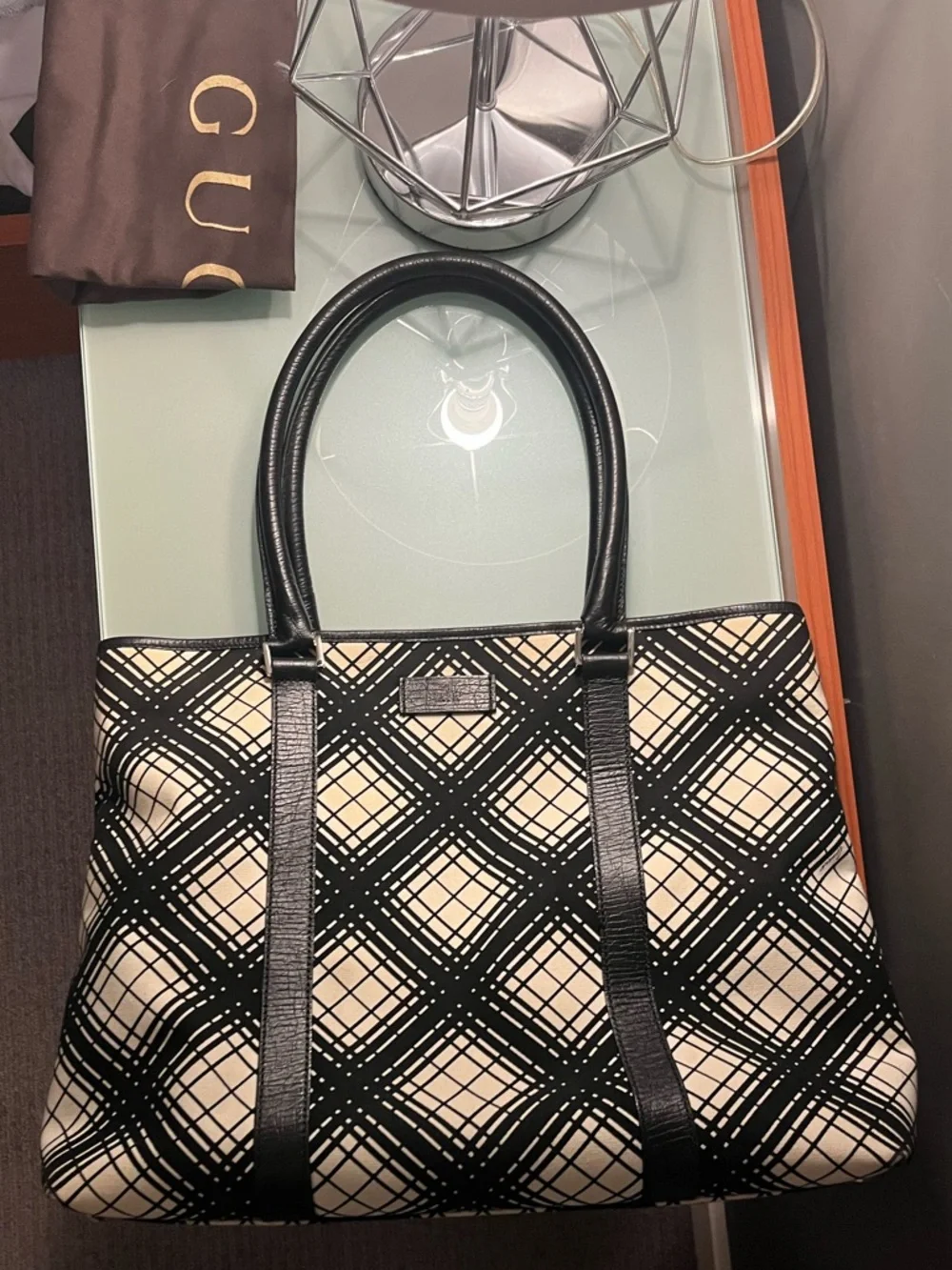 Gucci Centennial black & white canvas and leather trim tote